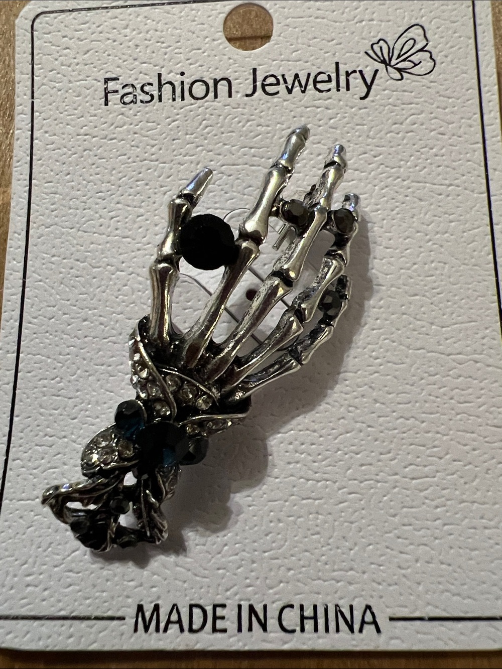 3/$18 Fashion Jewelry Silver Skeleton Hand Brooch with Black Stones Lot 317